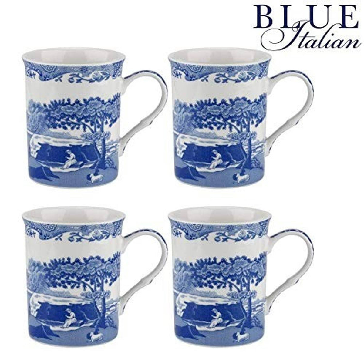 Four blue and white ceramic mugs with landscape print and curved handles, front views