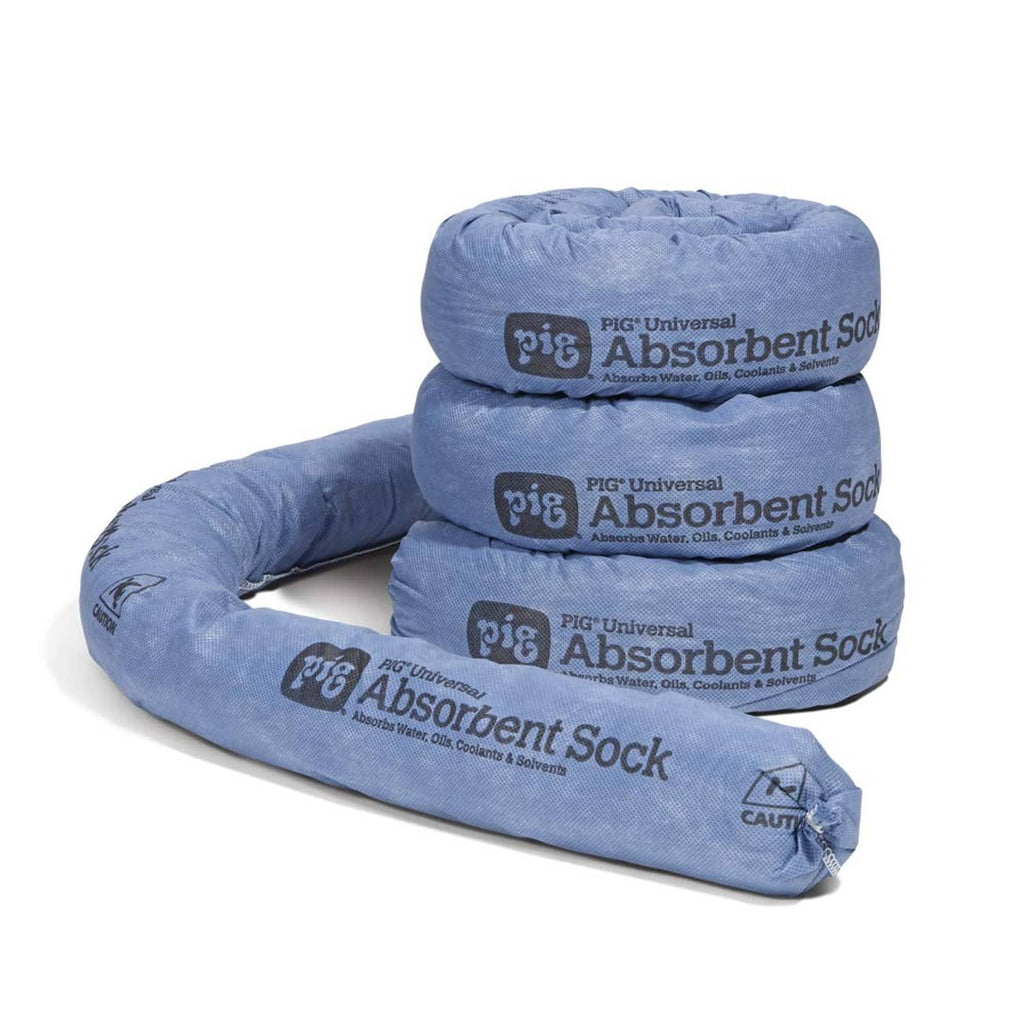 Blue absorbent sock pads, stacked with pig branding and printed absorbent labels