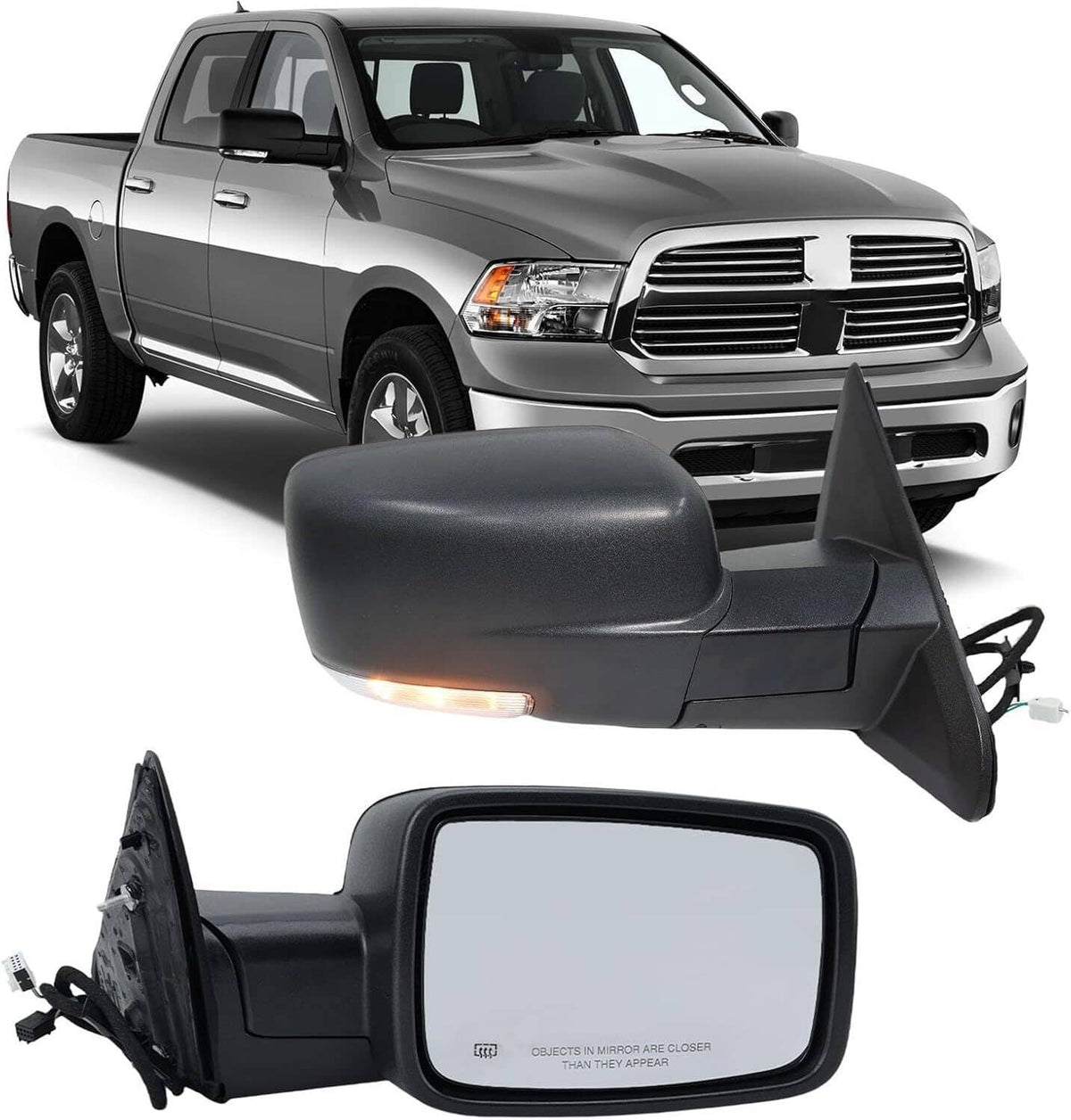 Power passenger side mirror assembly with integrated turn signal light, black housing