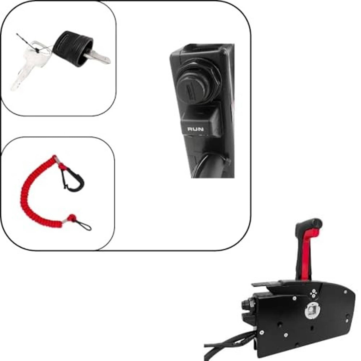Black outboard remote control box with key switch, RUN button, and red lanyard
