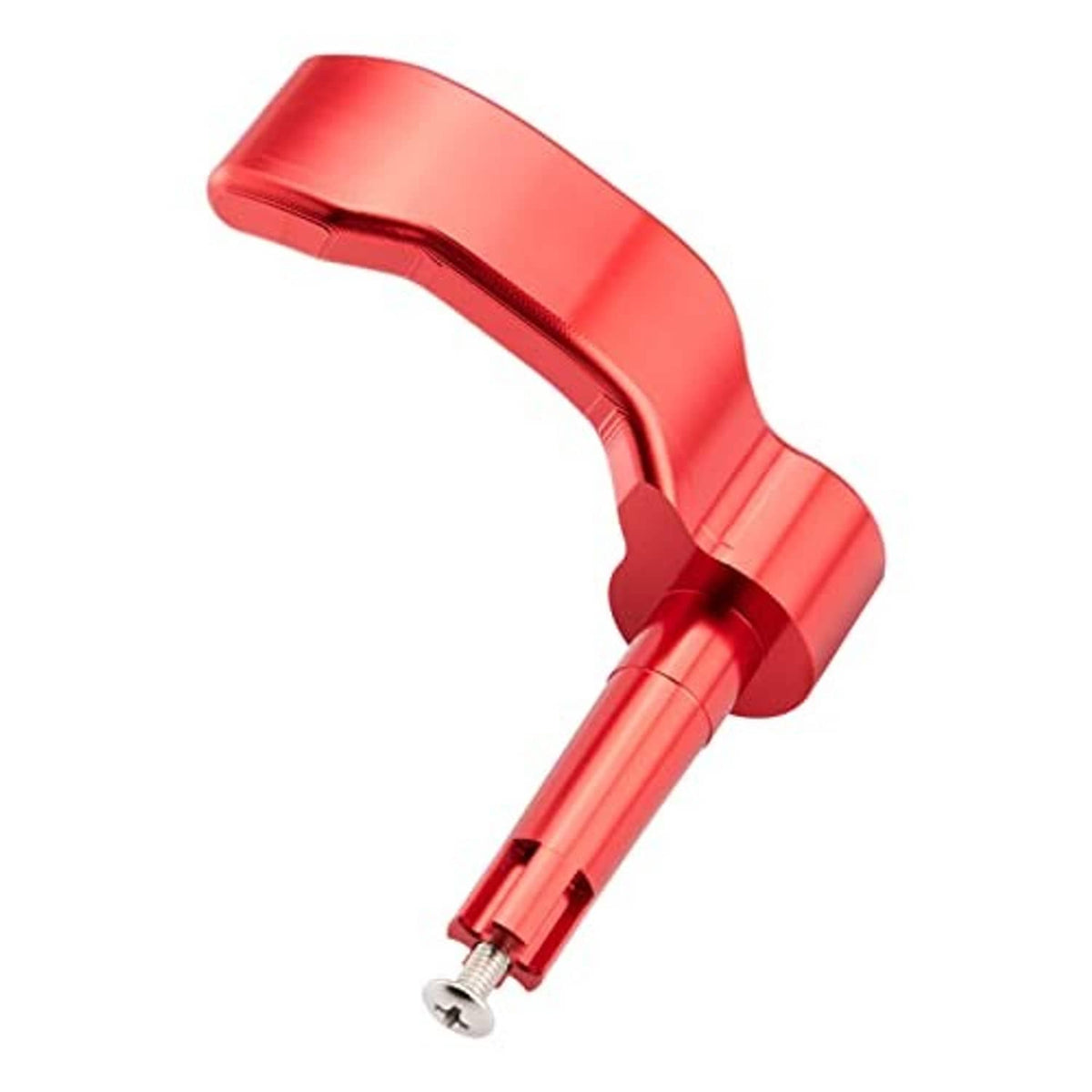 Red aluminum thumb throttle lever, curved grip and cylindrical mounting stem.