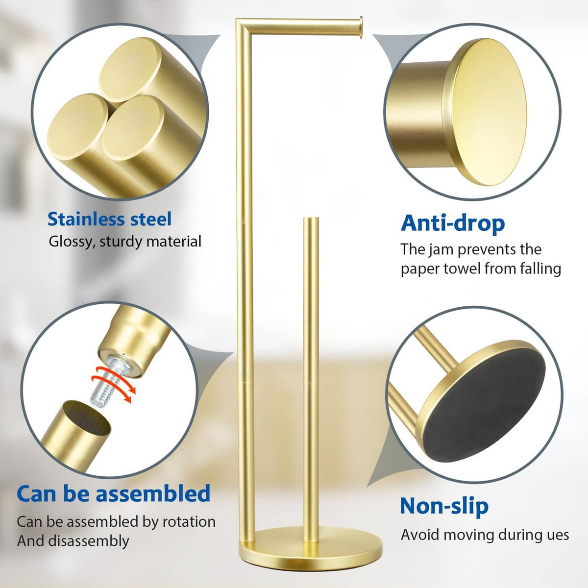 Gold toilet paper holder stand with anti-drop cap and non-slip base