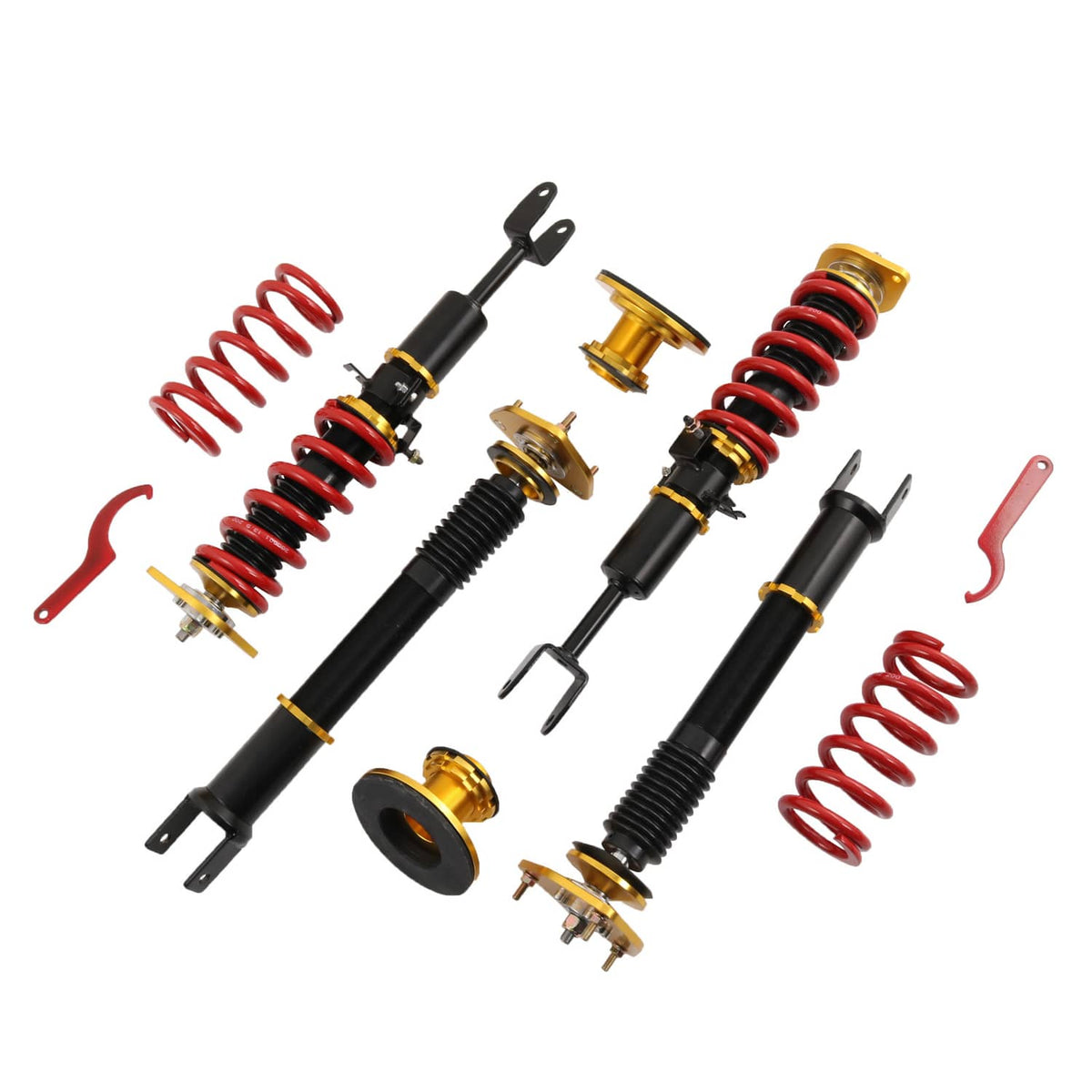 Coilover suspension set with black shocks, red springs, gold mounts, and small brackets