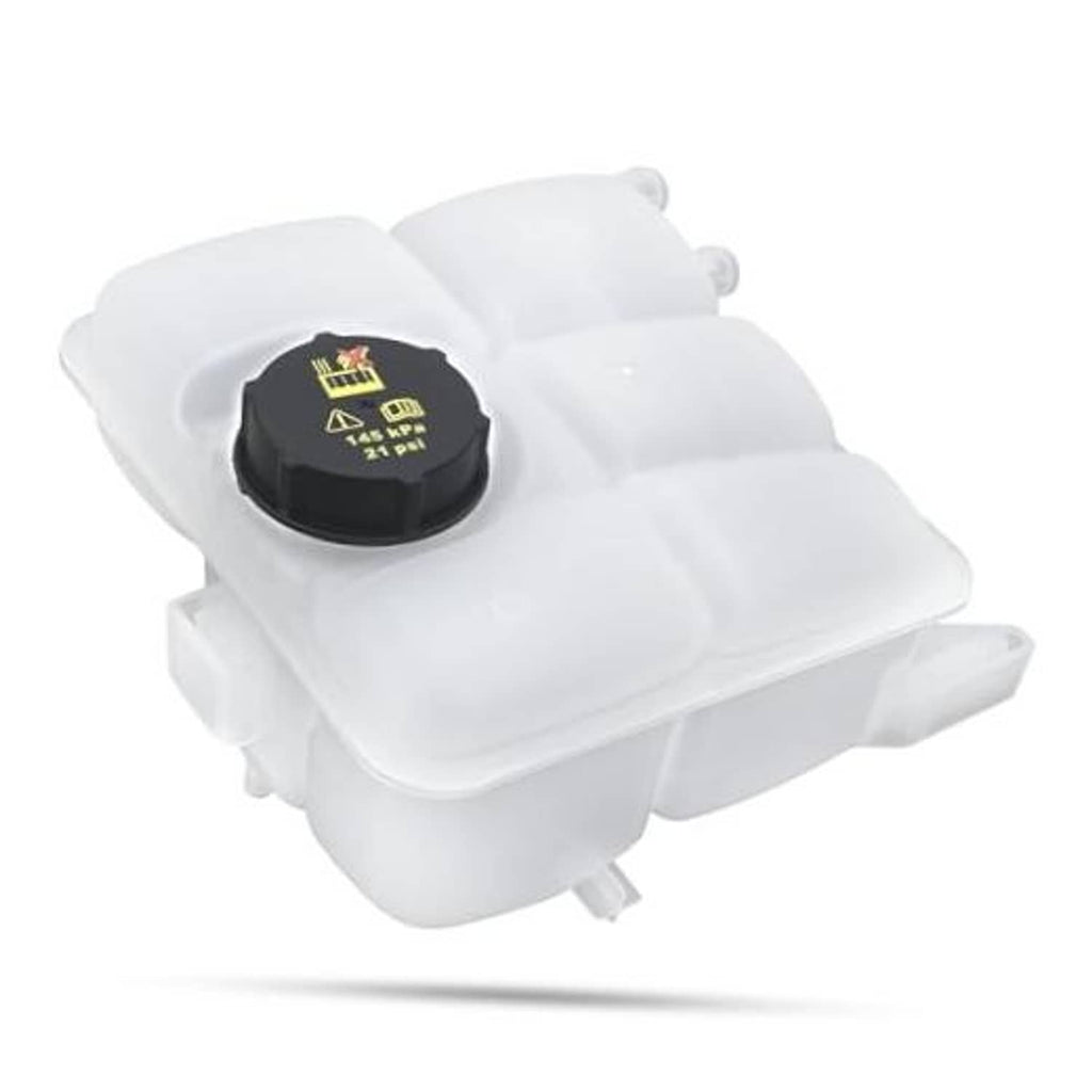 White engine coolant expansion tank with black pressure cap and molded outlets
