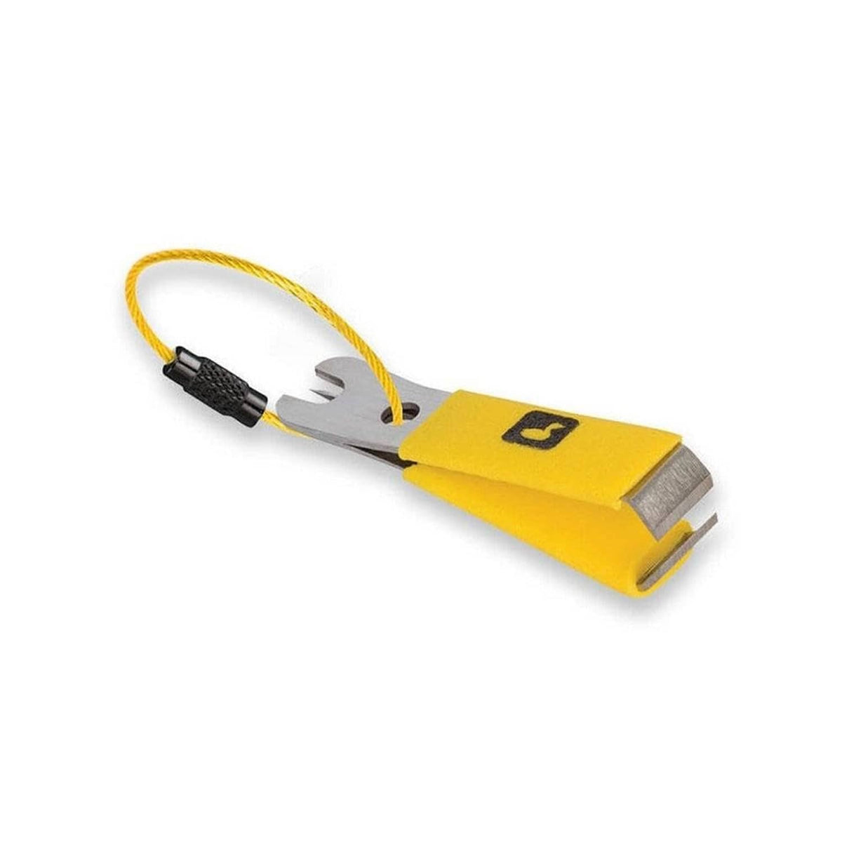Yellow nipper tool with metal clip, black grip, and yellow lanyard loop