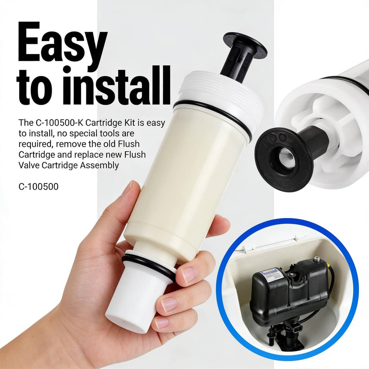 Flush valve cartridge assembly, off-white cylinder with black rubber seals and black stem