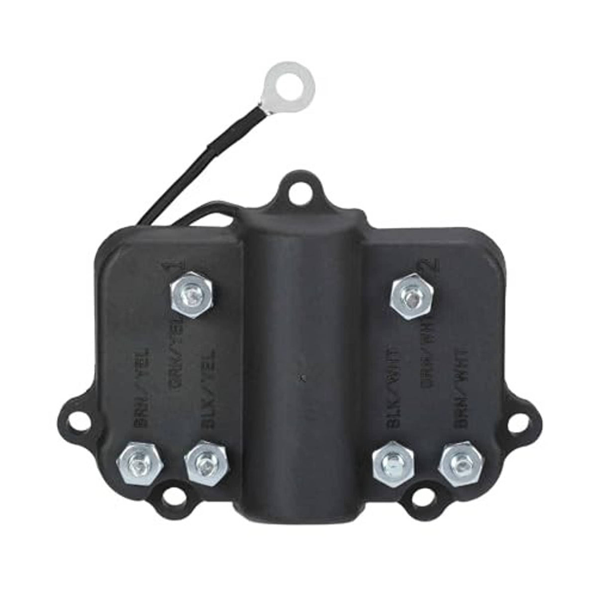Black CDI ignition unit with ring terminal wire and four metal screw terminals on bracket.