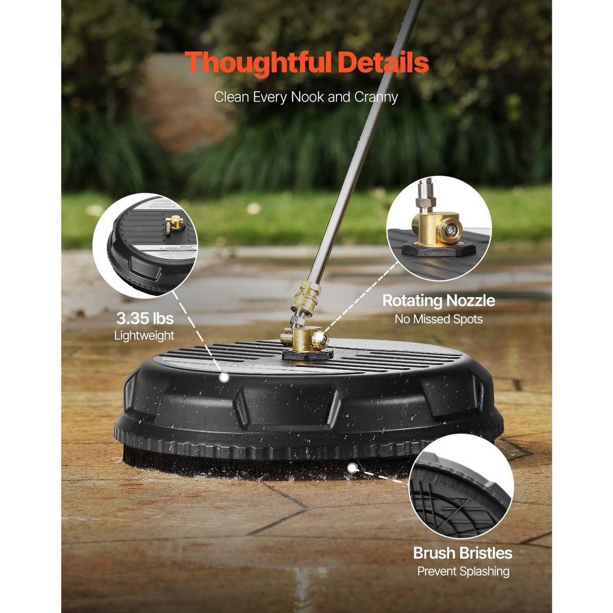 Pressure washer surface cleaner with rotating nozzle and brush bristles