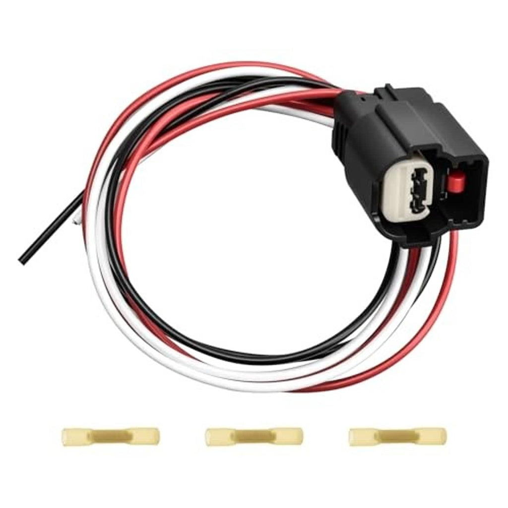 3-pin sensor wiring pigtail connector with black housing and bundled red, white, black wires