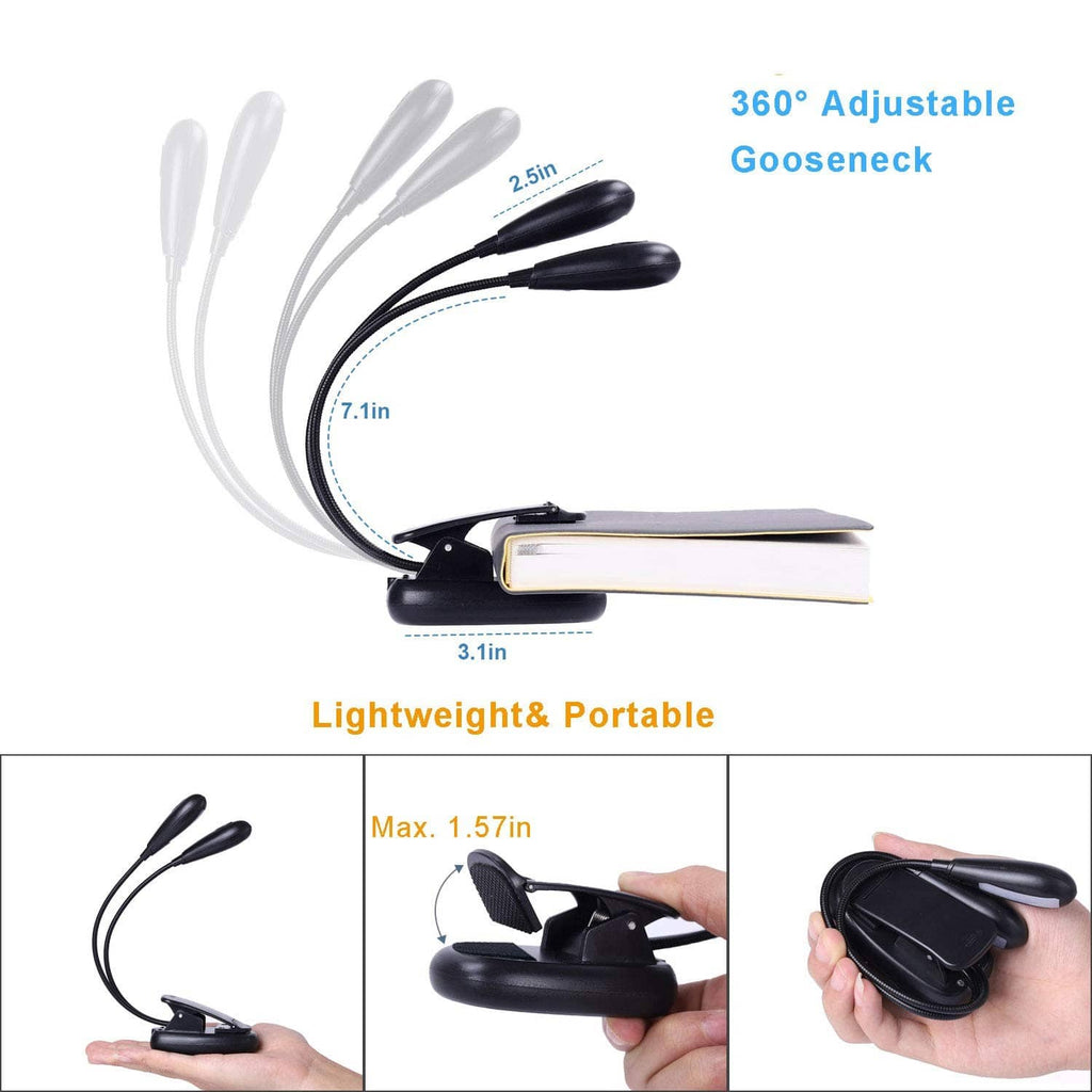 Portable clip-on music stand light with 360° adjustable gooseneck arms