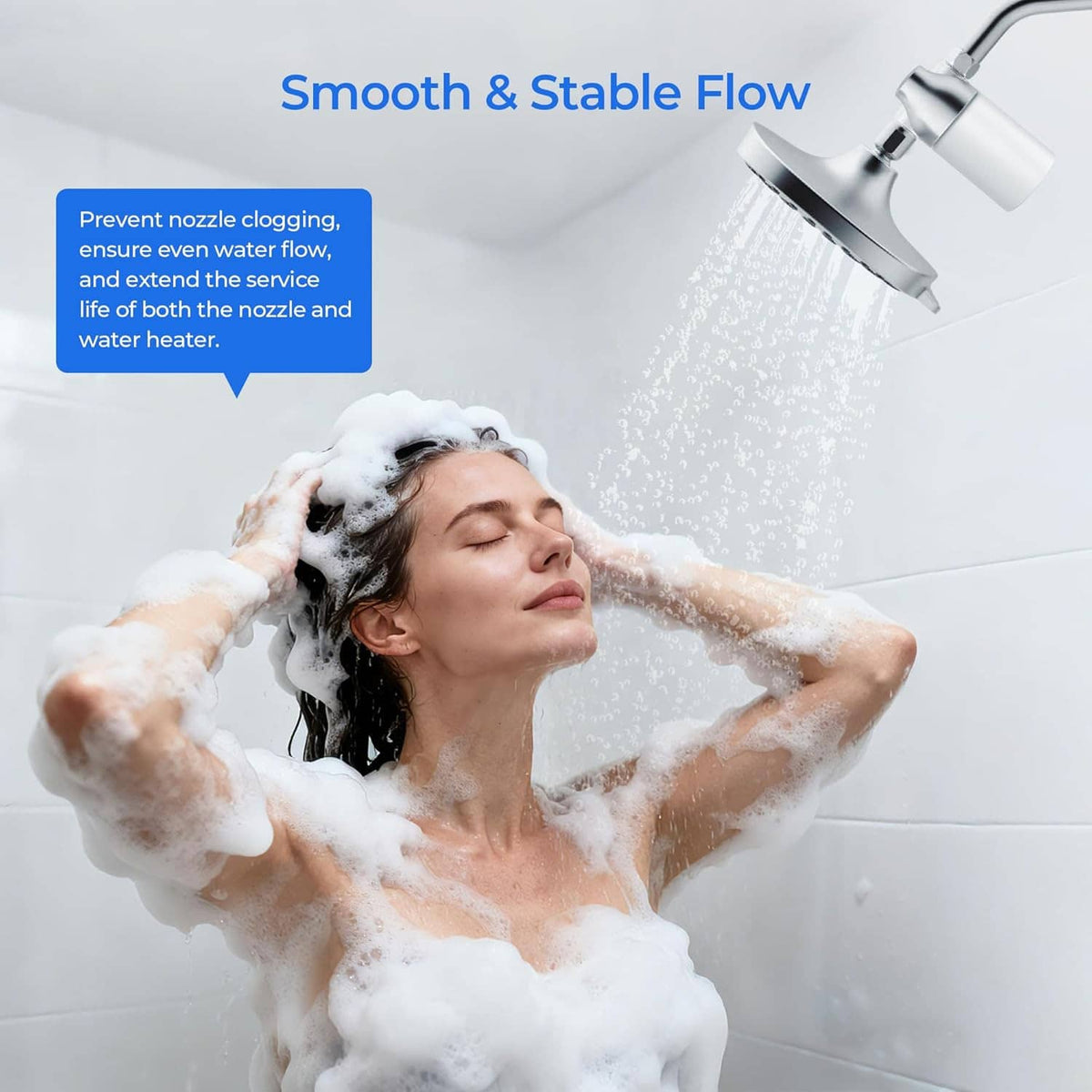 Showerhead filter replacement with water spray shown over a person during showering