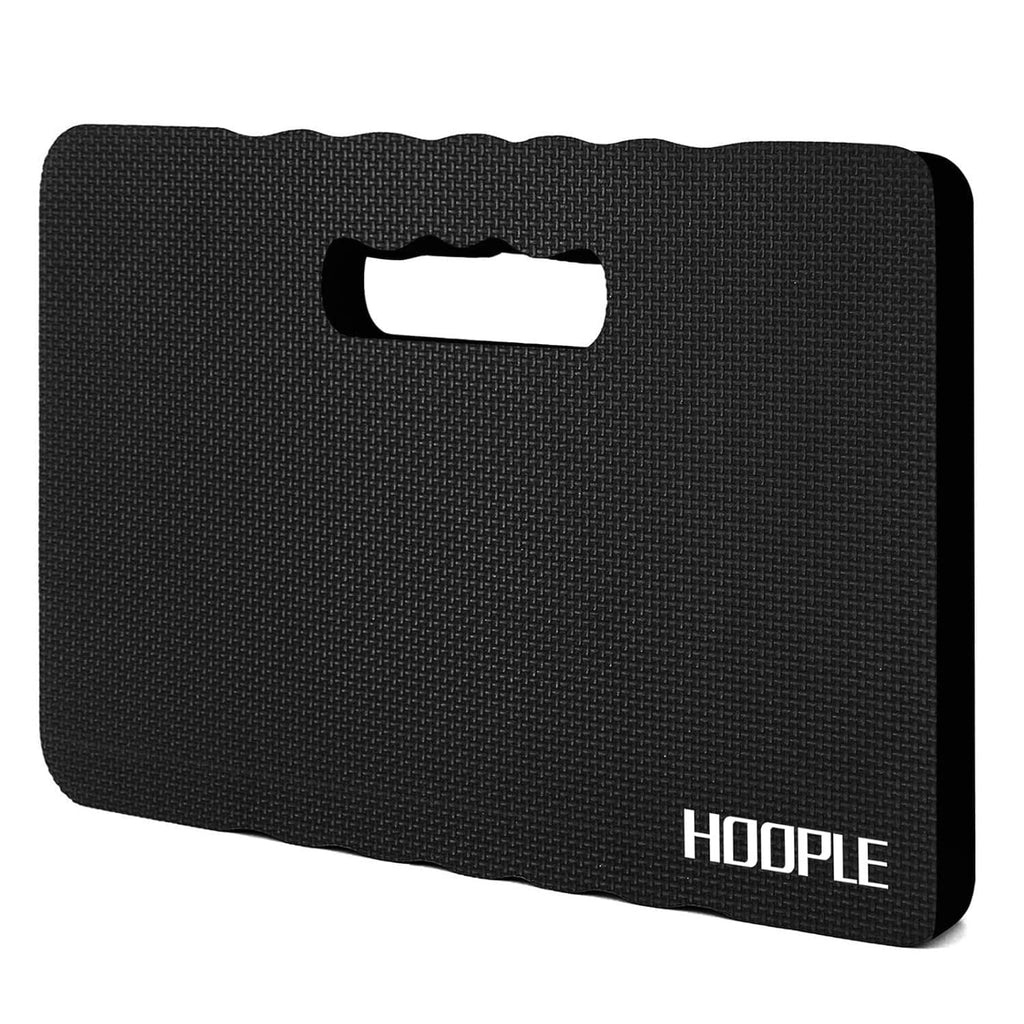 Black textured kneeling pad with center carry handle cutout and HOODPLE logo
