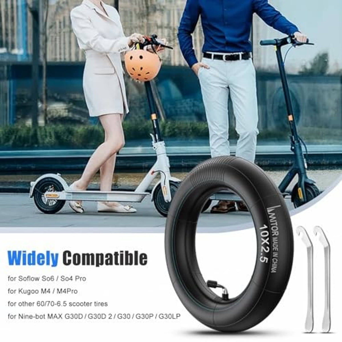 Black scooter inner tube with air valve and two metal tire levers included