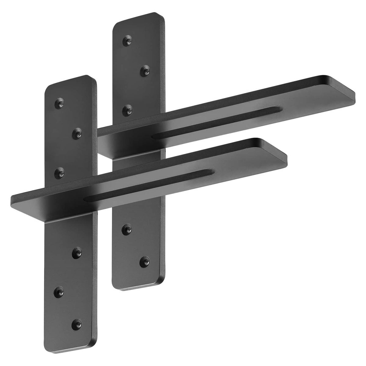 Matte black floating shelf brackets with two horizontal supports and back mounting plates