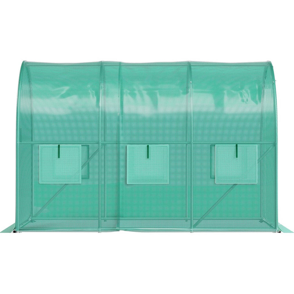 Green tunnel greenhouse with clear green waterproof cover and galvanized frame, end panels