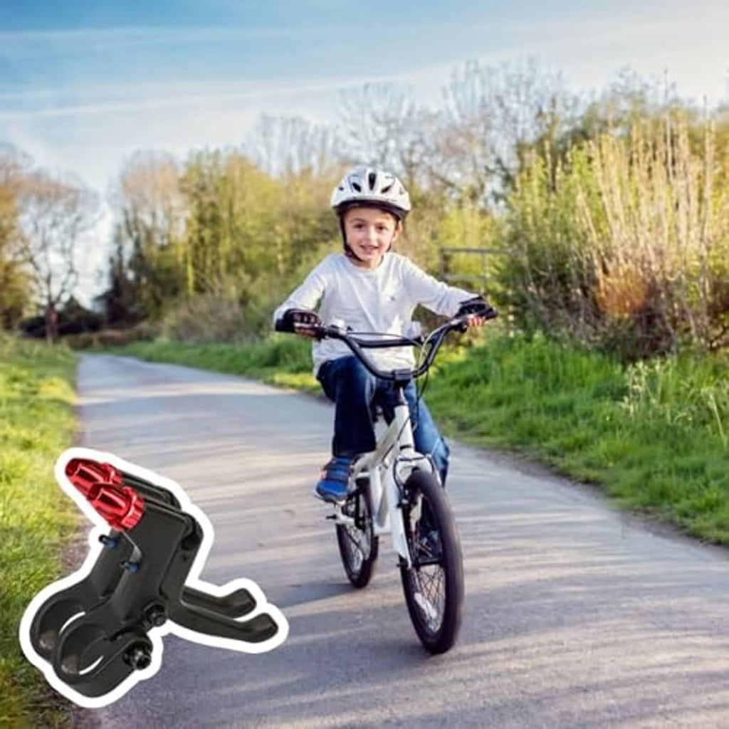 Bike rider with black brake lever and red 2-finger lever tip on handlebar