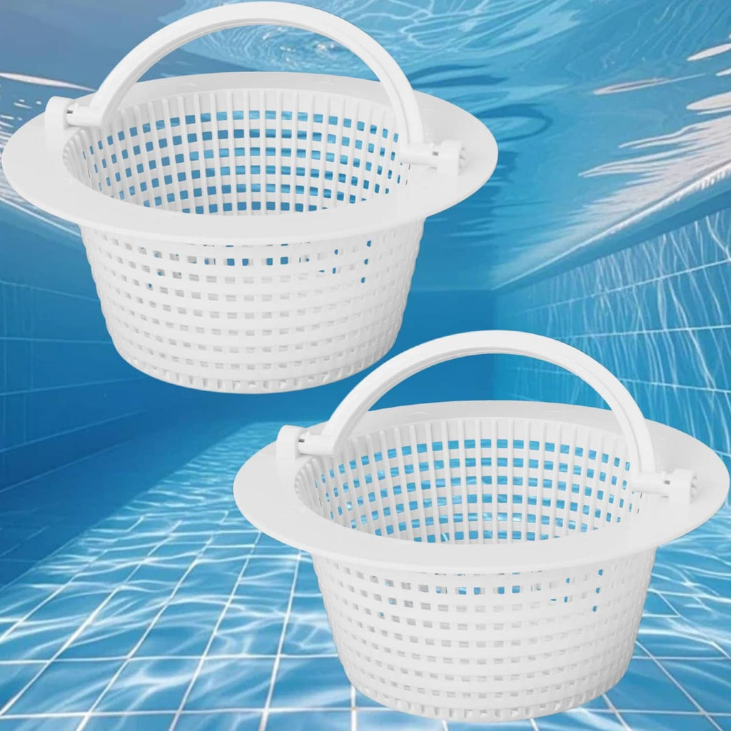 Set of 2 white above-ground pool skimmer baskets with round basket handles