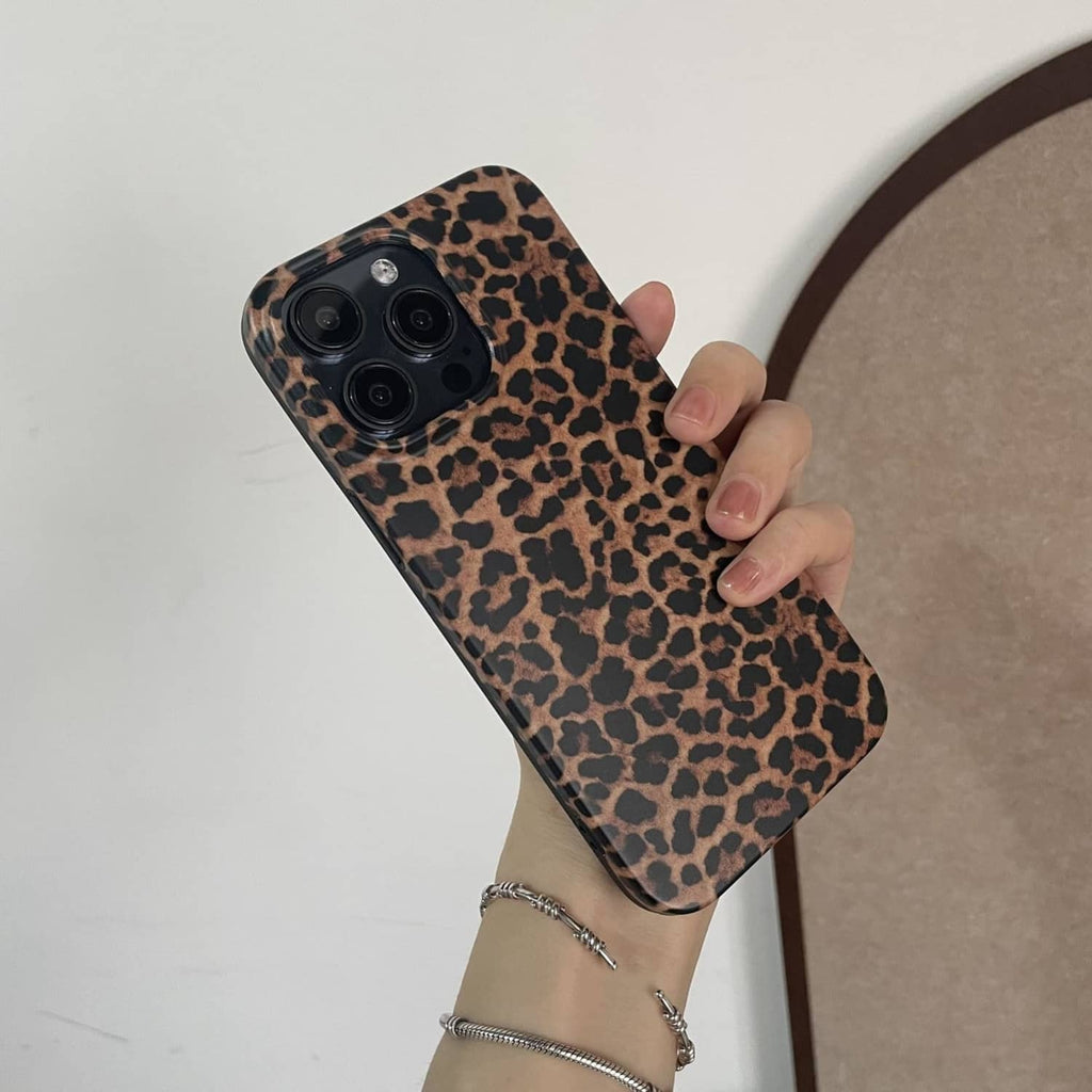 Brown leopard print phone case with camera lenses and protective raised corners