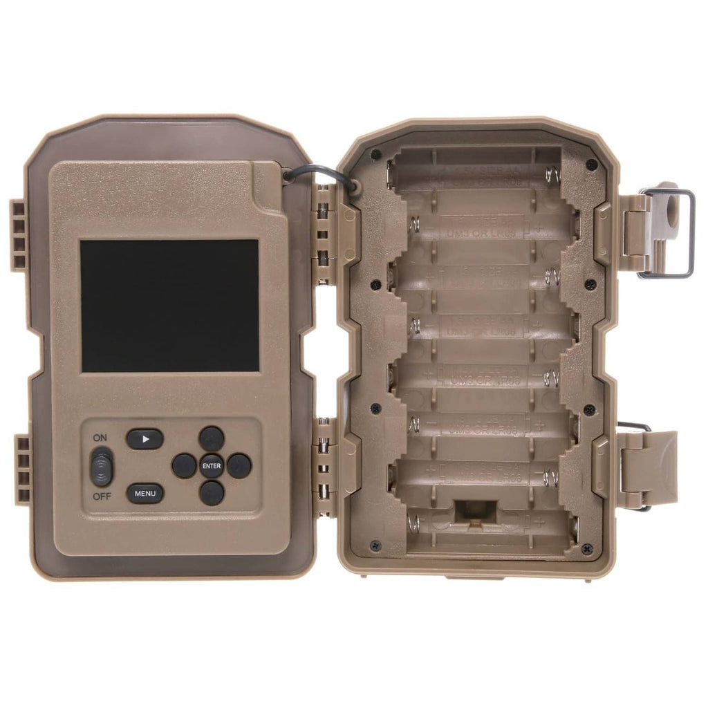 Trail camera with open door showing LCD screen and button controls.