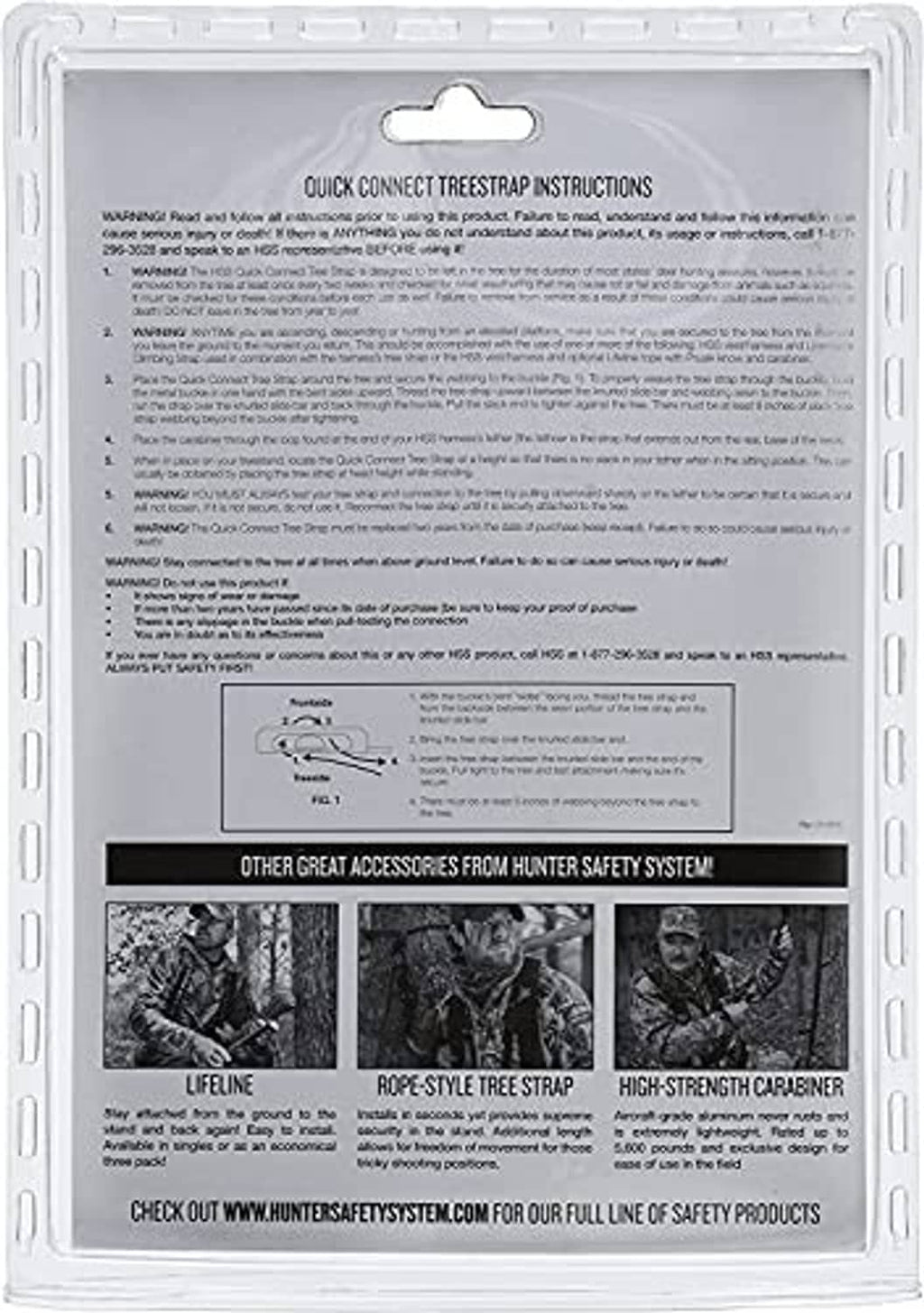 Quick-connect tree strap package with instructions card and accessory lineup