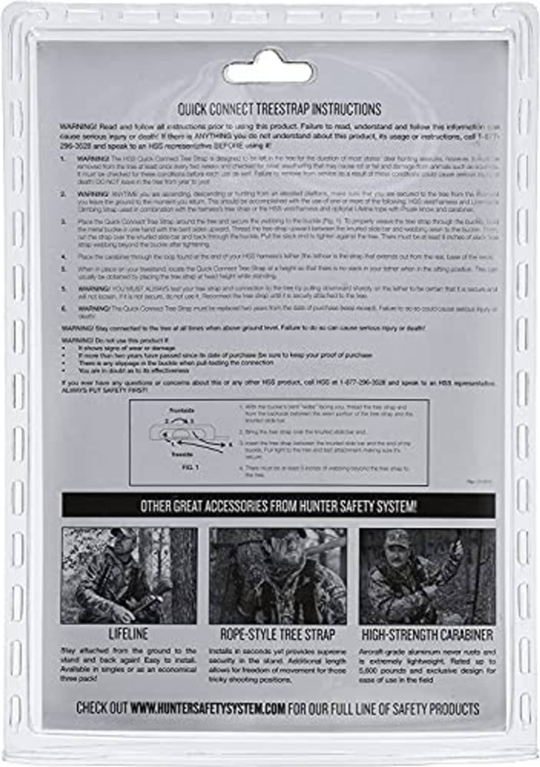Quick-connect tree strap package with instructions card and accessory lineup