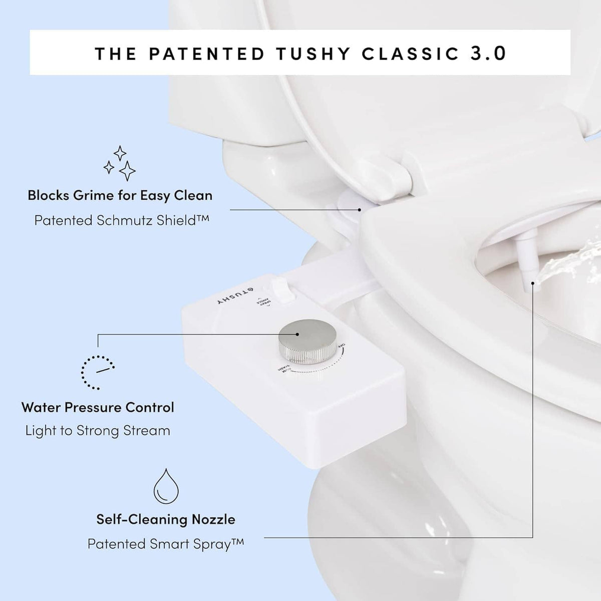 Non-electric bidet attachment with self-cleaning nozzle and water pressure control dial