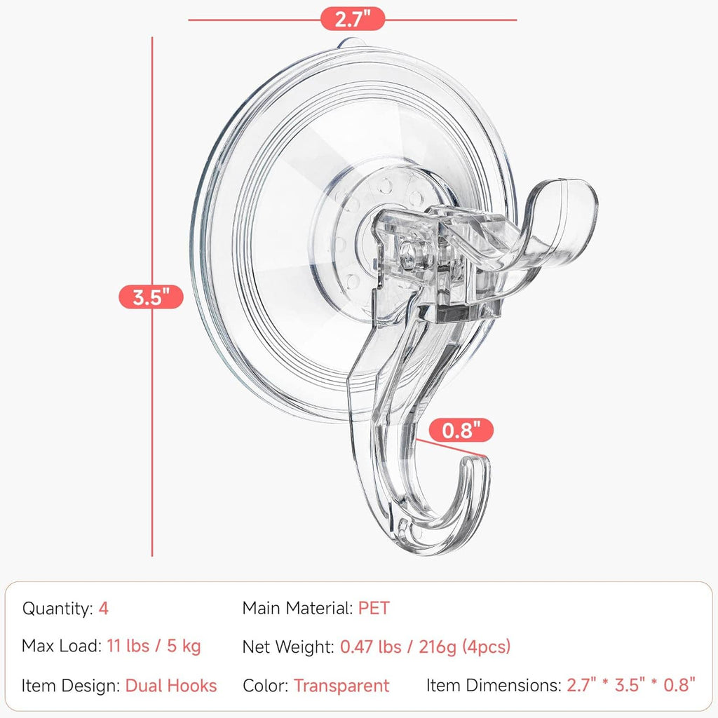 Transparent dual-hook suction cup shower hook, clear round base with two metal arms