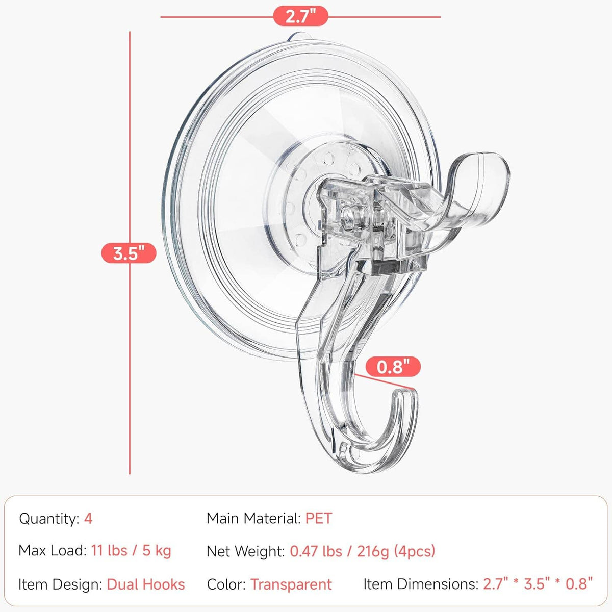 Transparent dual-hook suction cup shower hook, clear round base with two metal arms