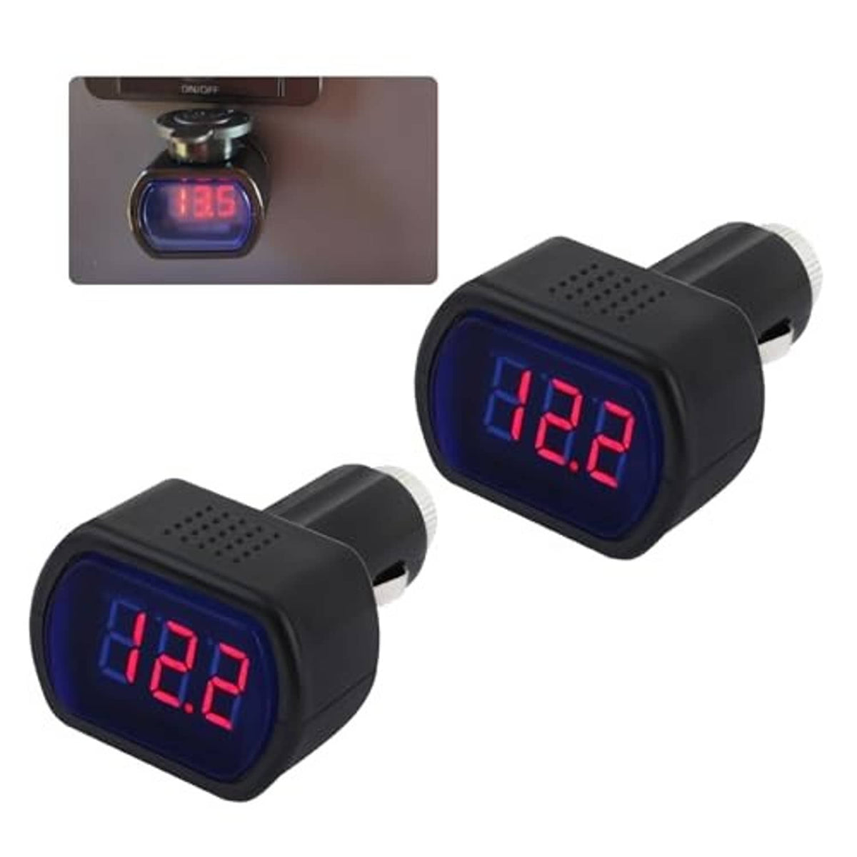 Car cigarette lighter voltage meter, dual unit with blue bezel and red 12.2V display