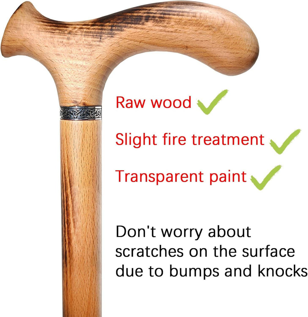 Wooden walking cane with curved handle and dark band near grip