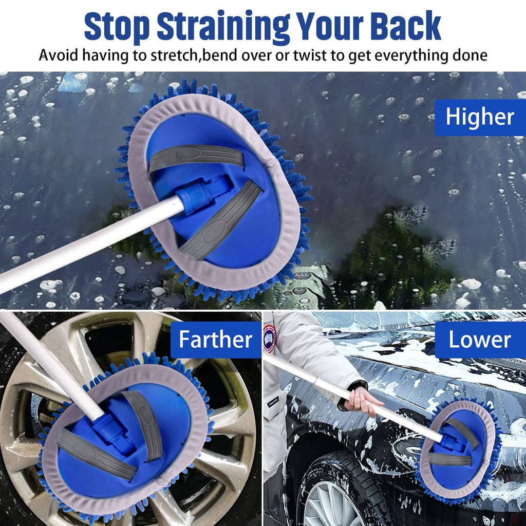 Long-handled blue microfiber brush head for car paint and wheel cleaning