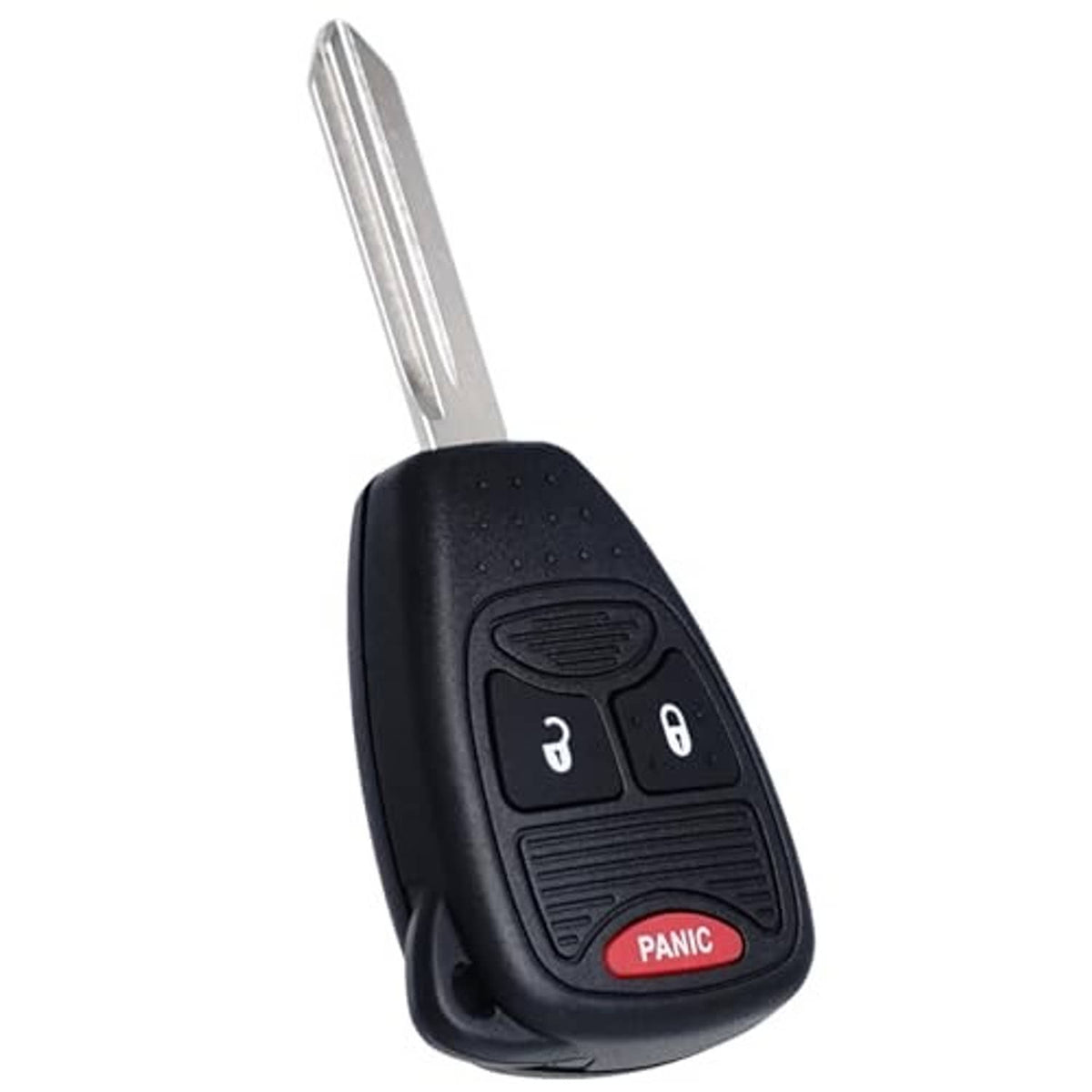 Black key fob remote with metal key blade, lock/unlock buttons, and red PANIC