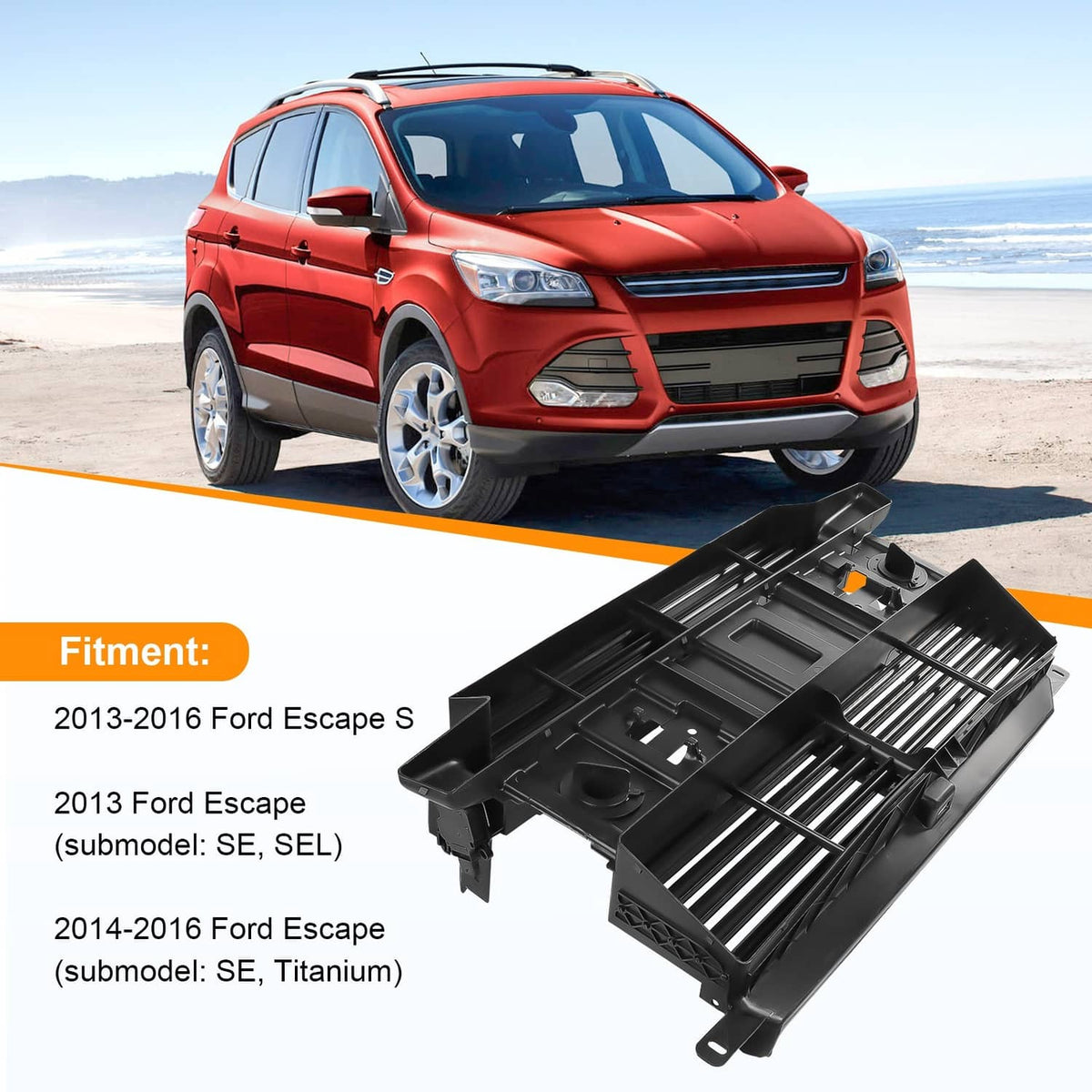 Black active grille shutter assembly with horizontal slats and motor housing in angled view