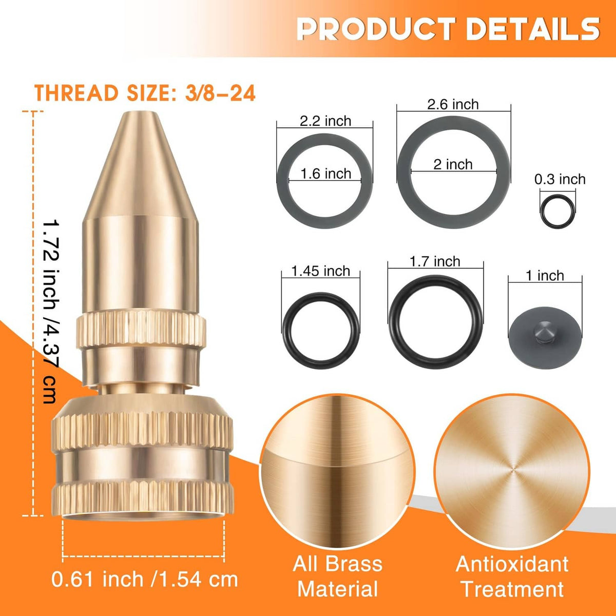 Brass adjustable nozzle with O-rings, 3/8-24 thread size, and size diagram