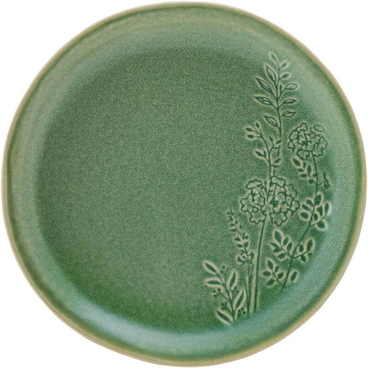 Green dinner plate with embossed botanical motif on right side
