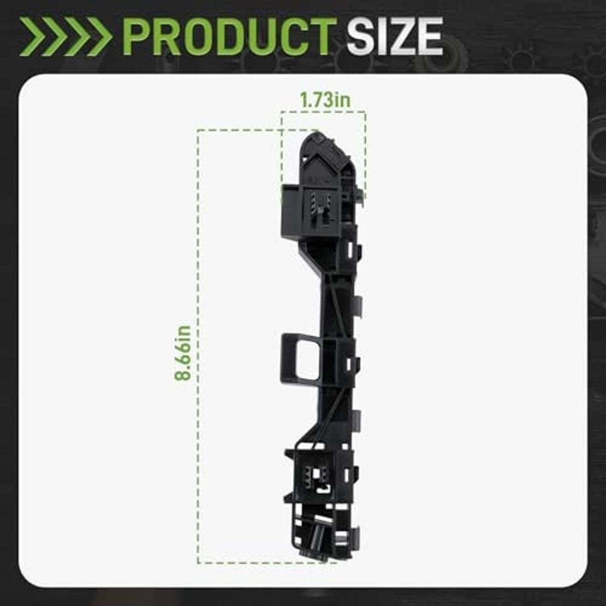 Black plastic bumper cover support bracket with size outline and central mounting section