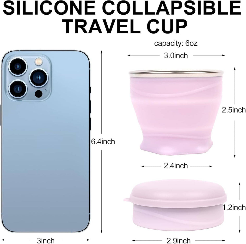 Pink 6oz silicone collapsible travel cup with lid, shown with size dimensions