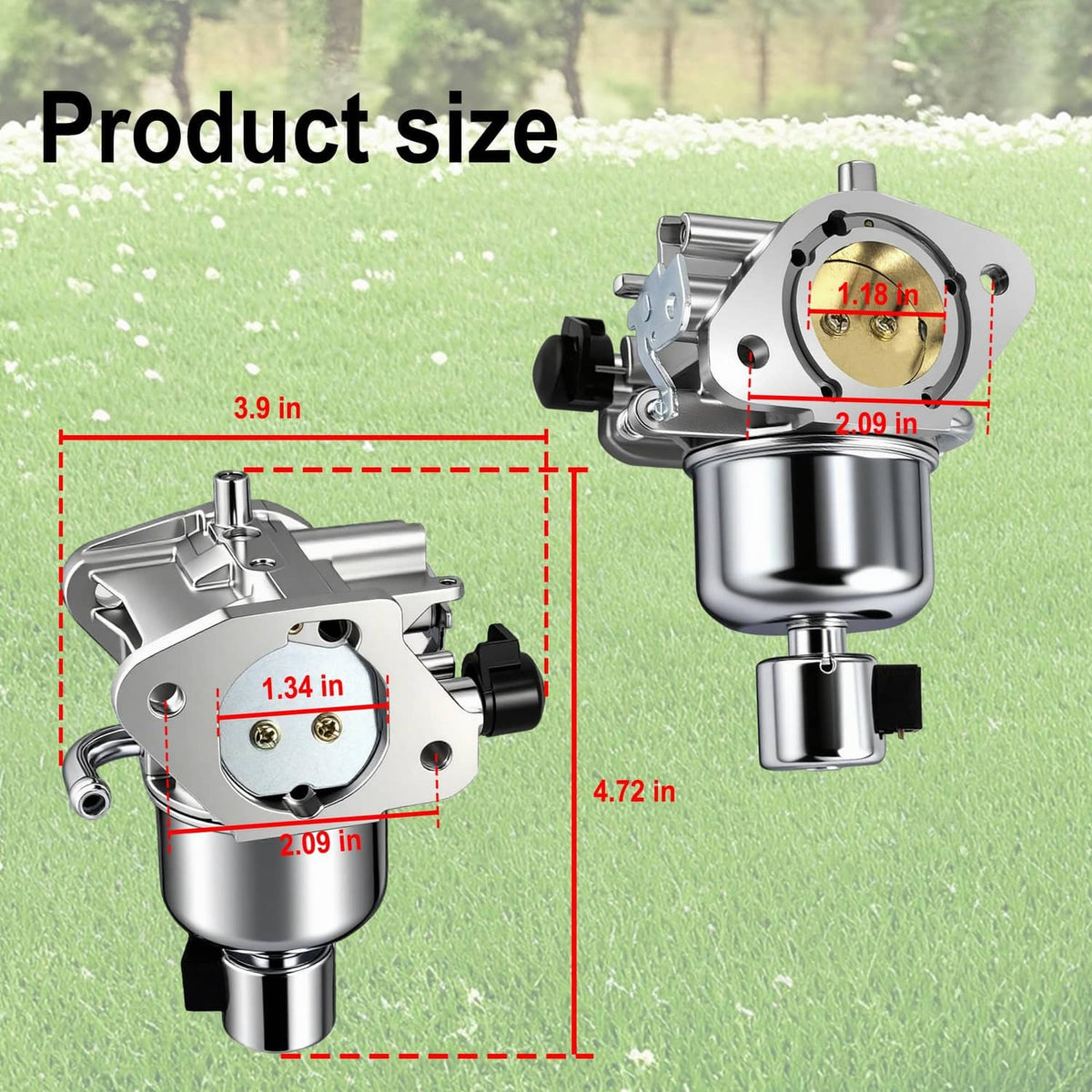 Carburetor kit size diagram showing metal carburetor assembly and mounting dimensions