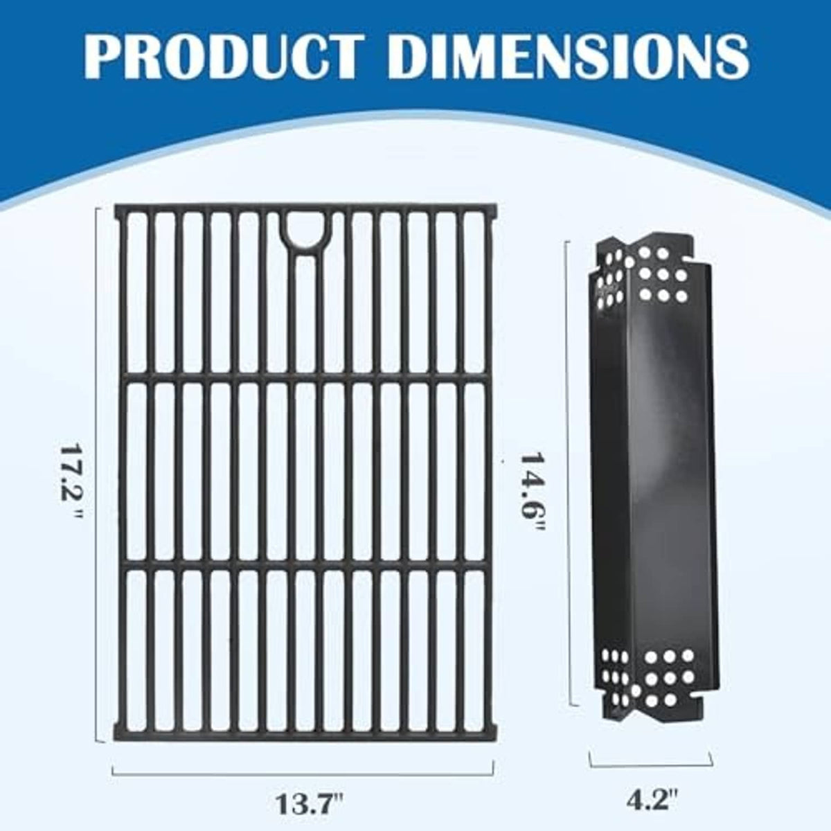 Black grill grate and heat plate with perforated mounting tabs