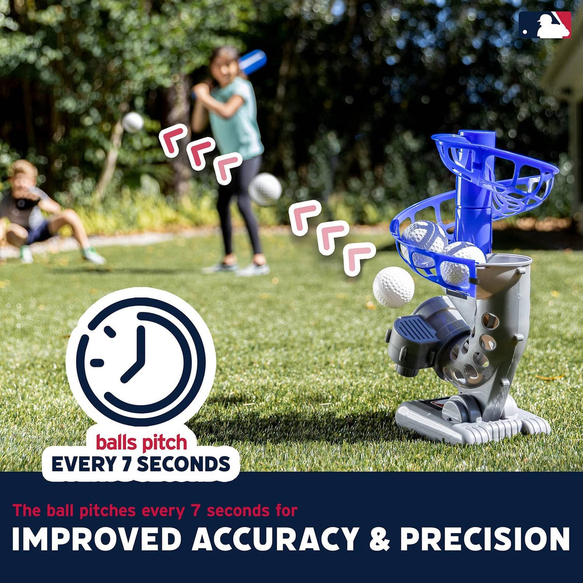 Electronic pitching machine on lawn with six white balls and a ball-pitch countdown graphic