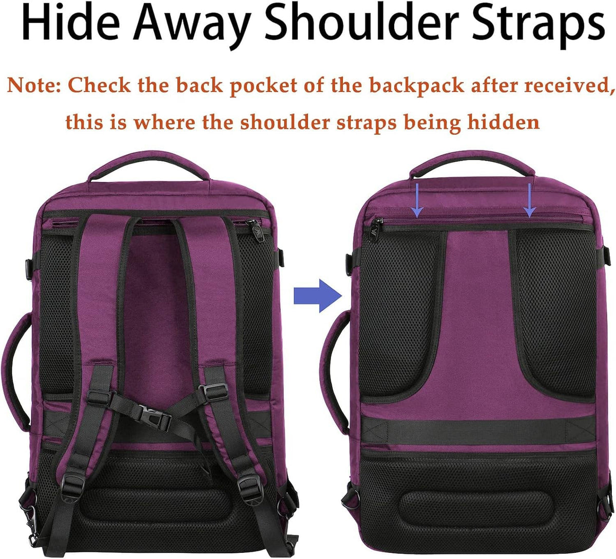 Purple travel backpack with hidden/back straps shown on rear panel