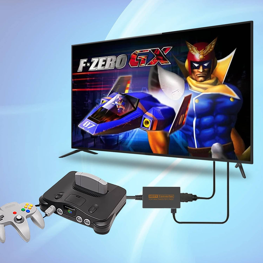 HDMI converter adapter connected between console and TV, black box
