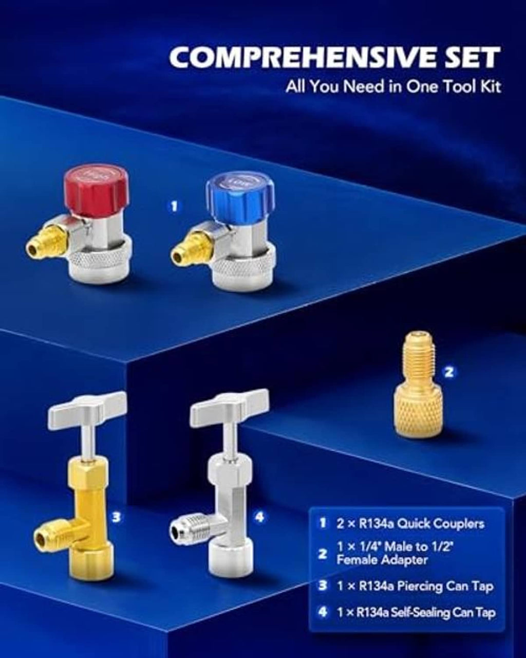 AC manifold gauge set accessory kit with quick couplers, piercing tap, and adapters