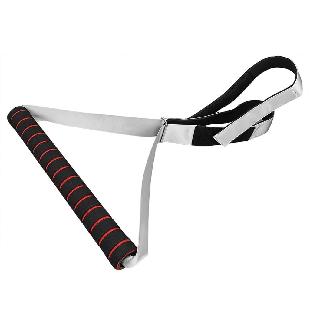 Neck stretcher Y-strap device with black head pad, silver straps, and red roller grip