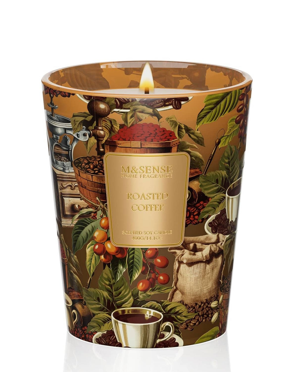 Roasted coffee soy candle in decorative glass jar with lit wick