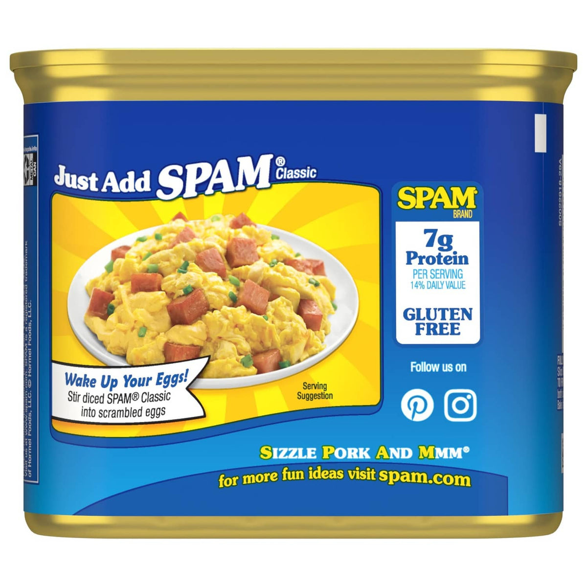 SPAM Classic canned meat, blue can front with Just Add SPAM and 7g protein