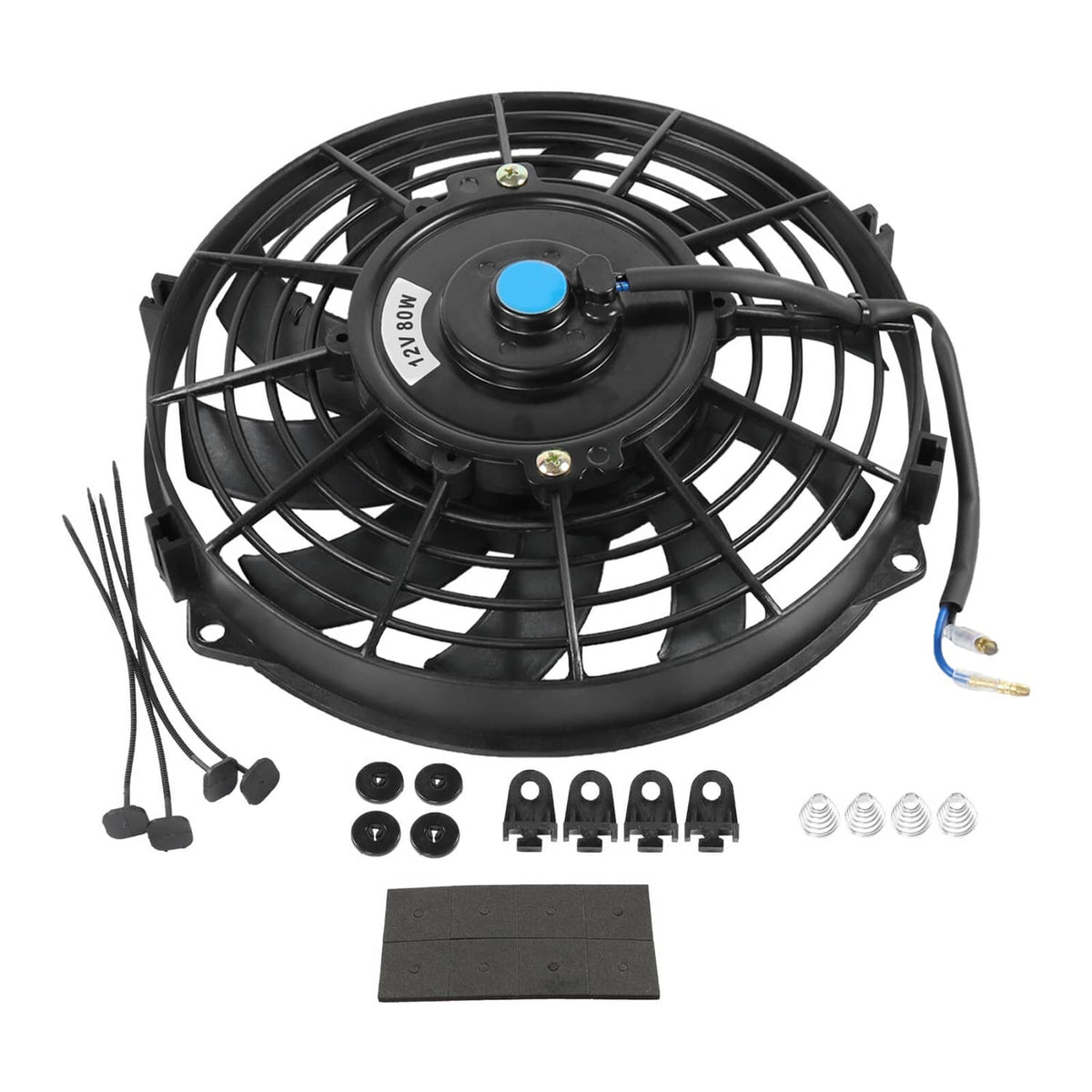 Black 12V radiator cooling fan kit with wiring, brackets, screws, and mounting pads