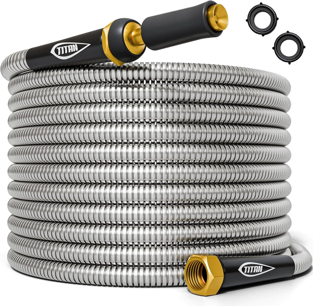 Coiled 304 stainless steel garden hose with gold brass threaded outlet and black fittings, spare caps