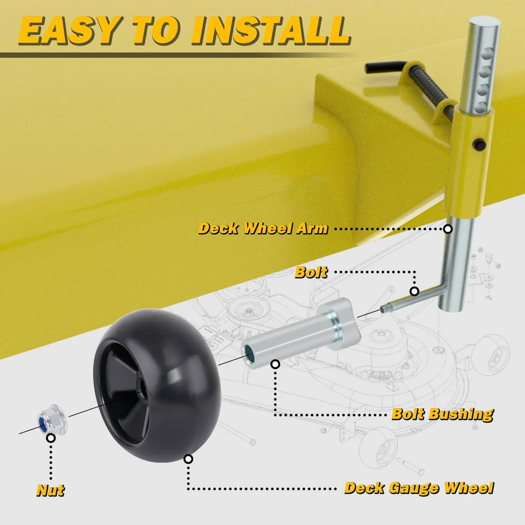 Black deck gauge wheel with bolt bushing and mounting hardware, single wheel