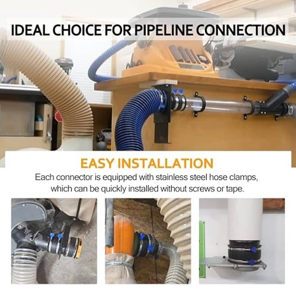 Stainless-steel hose clamp connectors securing dust duct tubing on a woodshop tool